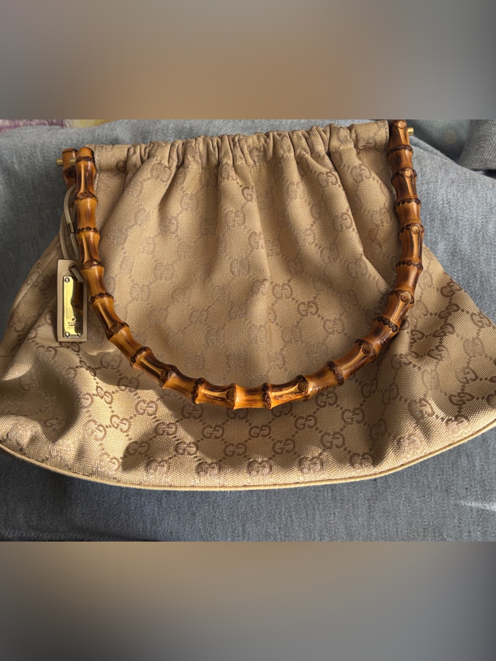 Gucci Beige Monogram Bamboo Handle Tote